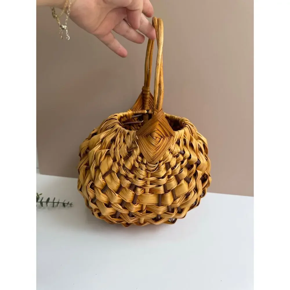 Vintage Handwoven Banana Leaf Basket with Handle | Cottagecore Farmhouse Rustic